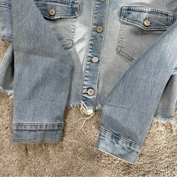 KanCan Jean Jacket Longsleeve Cropped Plaid Details Aligyn Frayed Hem Blue S - Picture 8 of 16